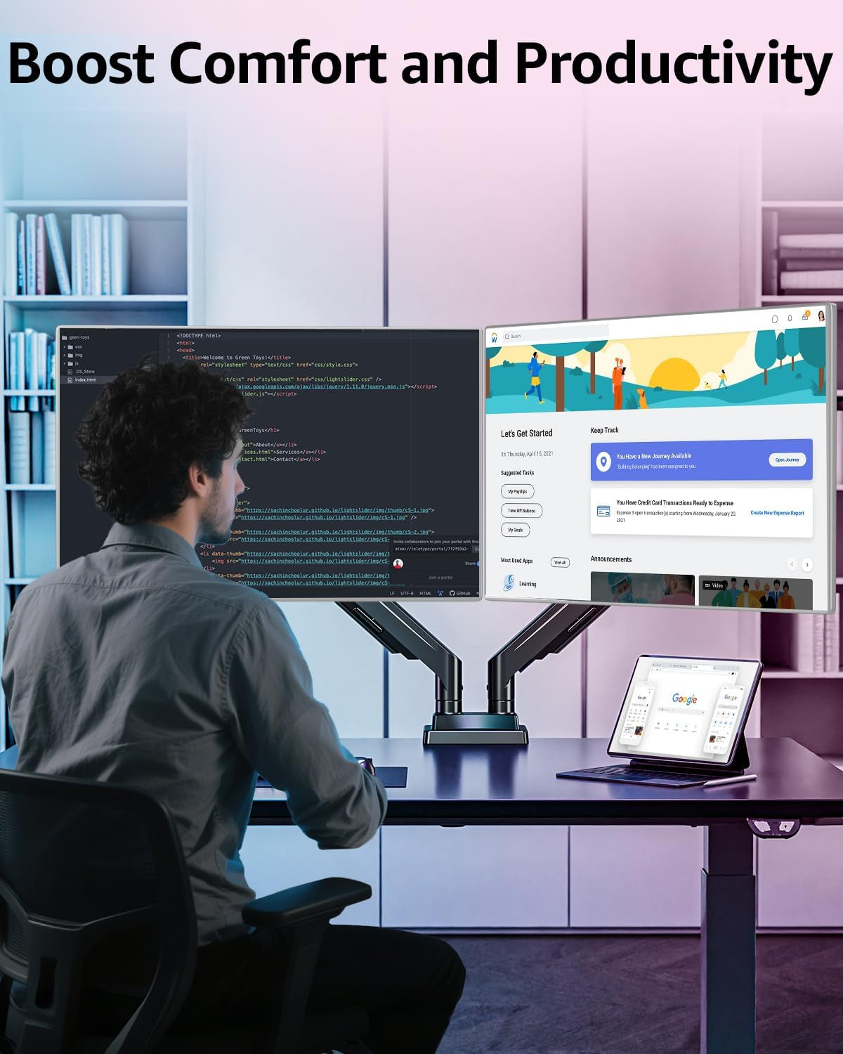 Dual Monitor Stand for Max 43 Inch Screens, Ultrawide Monitor Arm Height Adjustable, Heavy Duty Dual Monitor Mount, Full Motion Premium Monitors Arm, Holds 2.2 to 33 Lbs, VESA Desk Mount