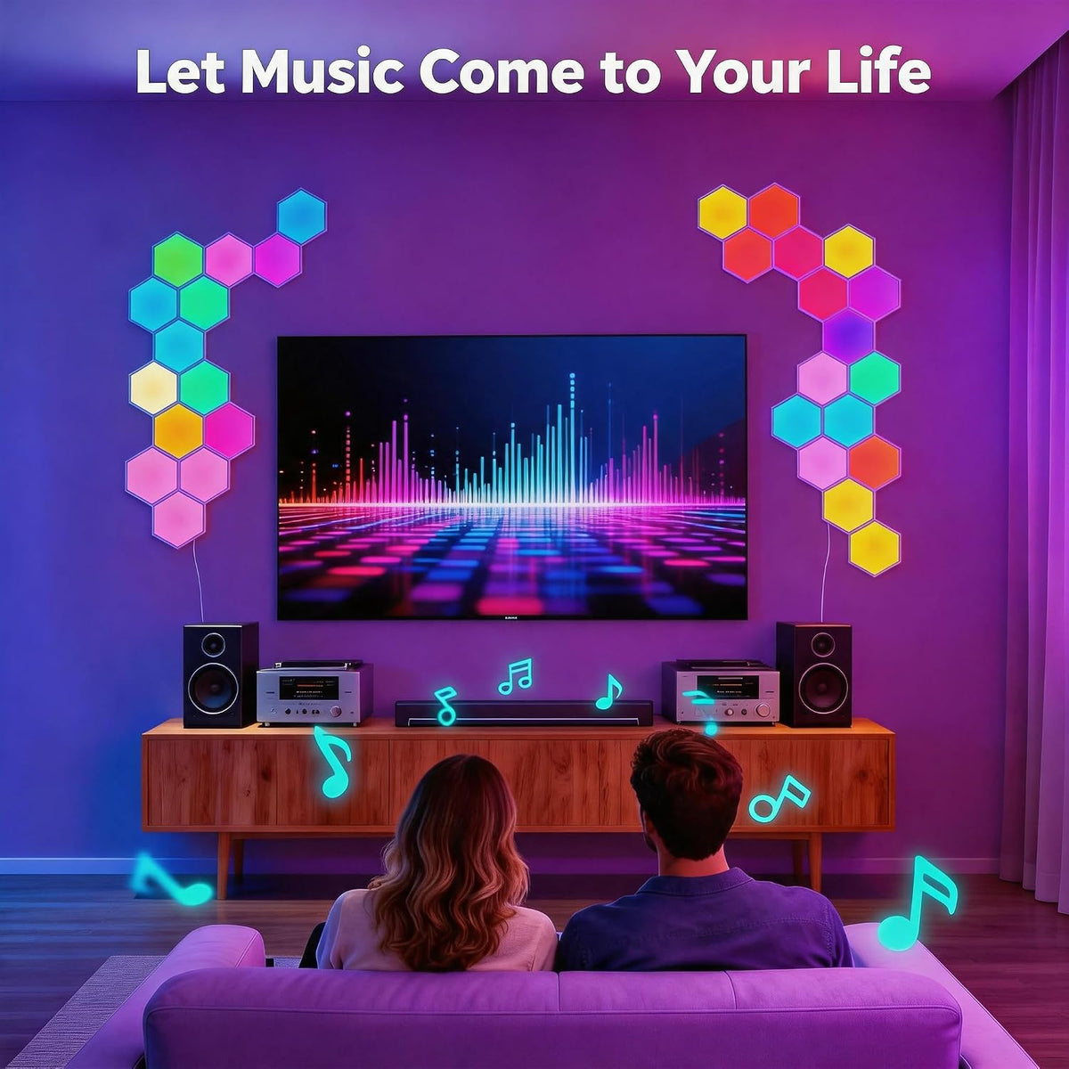 8 Pack Hexagon Lights LED Wall Panels, RGB Color Gaming Light Decoration with App/Music Sync & Remote, Boys DIY Smart Modular Hexagonal Honeycomb Bedroom Glide Hex Tiles Panel