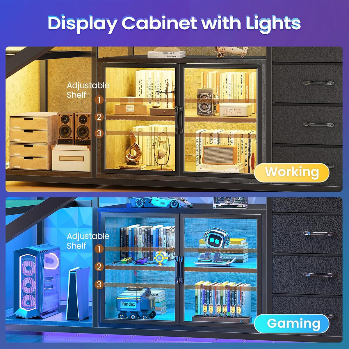 63"X27.6" L Shaped Gaming Desk with 4 Drawers Storage, Grey | Corner Office Desk with LED Lights & Acrylic Cabinet for Home Office, Executive Computer Desk for Bedroom