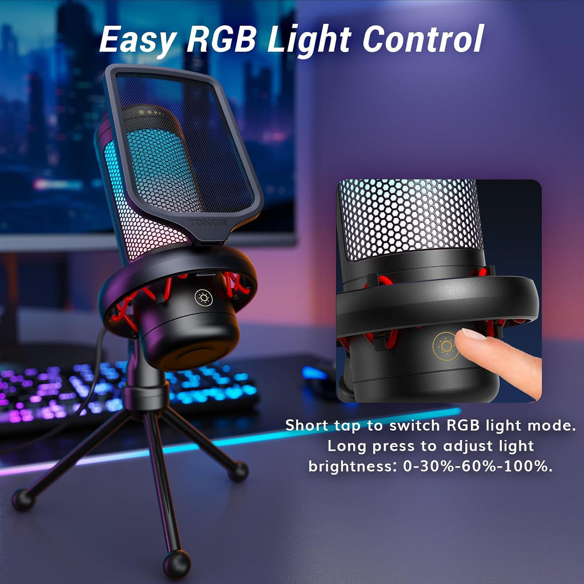 Gaming Microphone Set, PC Condenser Mic with RGB for Gamers | Desktop Stand Set, Quick Mute, Volume Control, for Twitch Streaming, Discord Chatting, 200 Cm/78'' Cable, Black, TC310