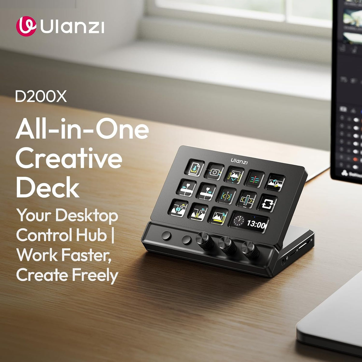 D200X Stream Controller with 3 Knobs, 14 LCD Keys Macro Keyboard | Customizable Key 8-In-1 USB-C Hub Docking Station with 4K HDMI Content Creator Equipment for Obs/Video Editing/Photography/Pc