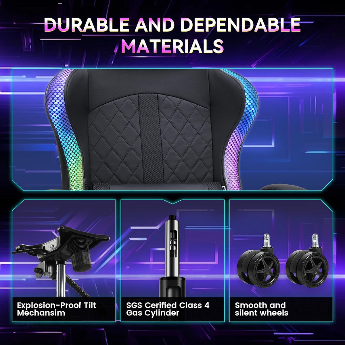 RGB Gaming Chair with Speakers - LED Computer Game Chair for Adults, PC Home Office Chairs with Footrest & Lights, Reclining Desk Chairs, Dark Black