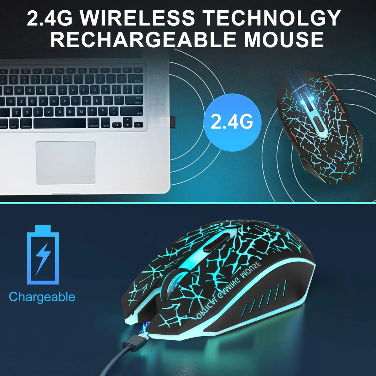 Wireless Gaming Mouse Rechargeable USB 2.4G Computer Ergonomic Optical Mice for PC Laptop Desktop Windows Mac, Silent