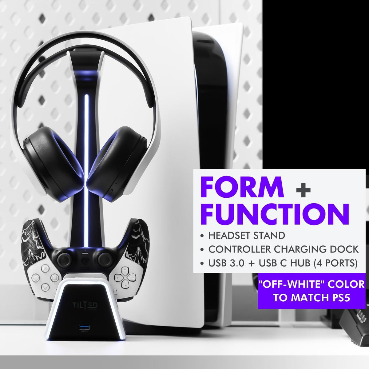 Gaming Headset and Controller Stand | Premium PS5 Accessories (Clean Space with Charging Station) Headphone and Controller Holder for Desk, Playstation 5, Xbox Game,