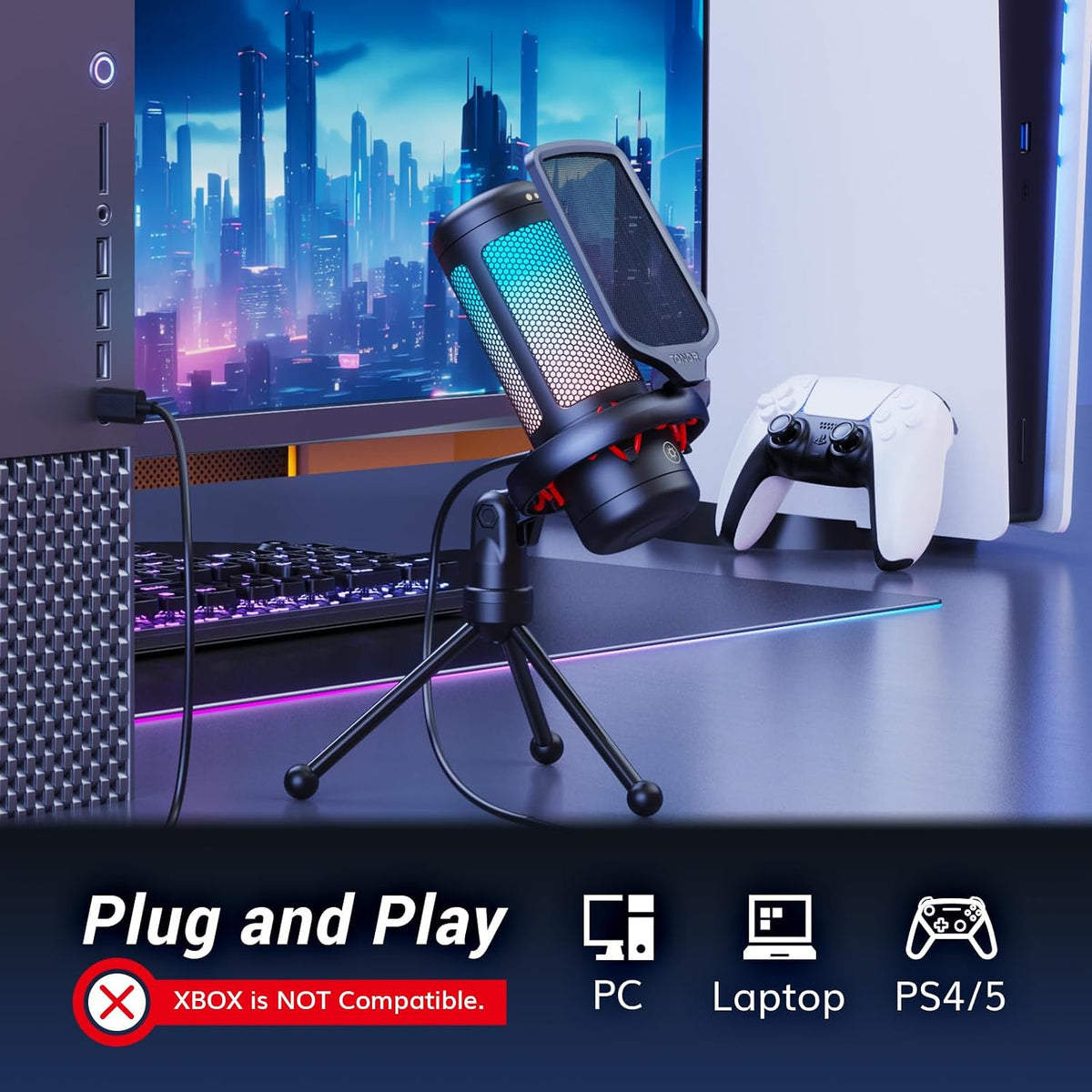 Gaming Microphone Set, PC Condenser Mic with RGB for Gamers | Desktop Stand Set, Quick Mute, Volume Control, for Twitch Streaming, Discord Chatting, 200 Cm/78'' Cable, Black, TC310