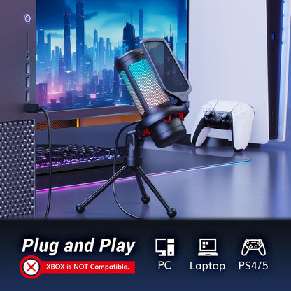 Gaming Microphone Set, PC Condenser Mic with RGB for Gamers | Desktop Stand Set, Quick Mute, Volume Control, for Twitch Streaming, Discord Chatting, 200 Cm/78'' Cable, Black, TC310