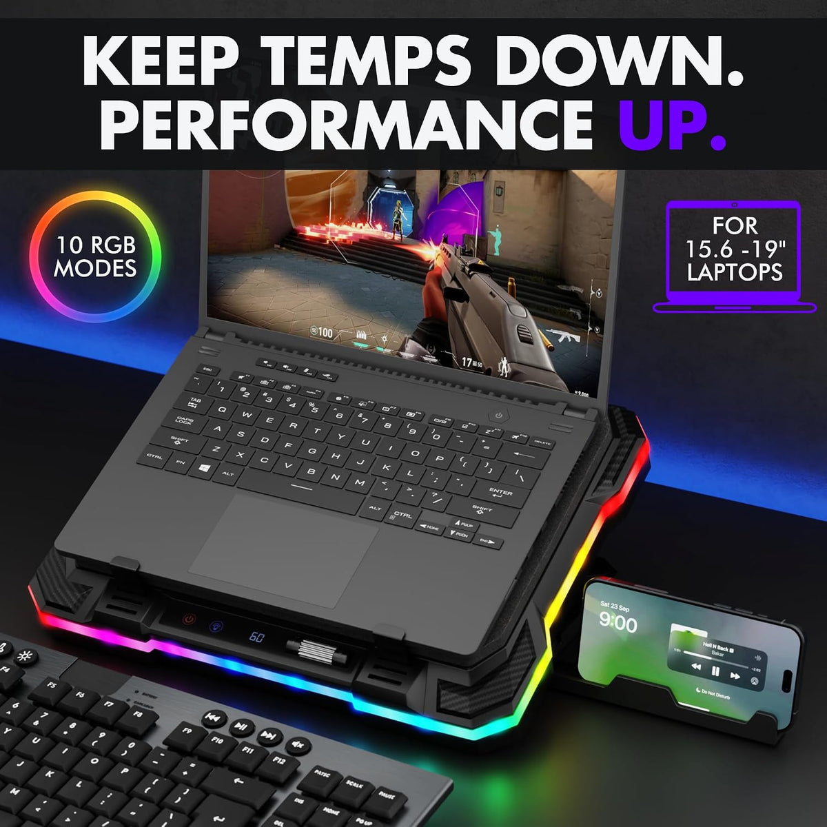 Gaming Laptop Cooling Pad with USB Hub - Boost Performance, Stay Comfortable - RGB Laptop Cooler Stand with Adjustable Height & Fan Speed, RGB, USB (C + A) Hub, for 15.6" - 19" Laptops