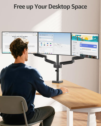 Triple Monitor Stand Mount - 3 Monitors Desk Mount for Computer Screens up to 27 Inch, Triple Monitor Arm, Heavy Duty Monitors Stand, Each Arm Holds 4.4-19.8 Lbs, Black