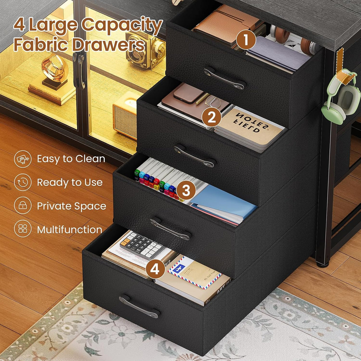 63"X27.6" L Shaped Gaming Desk with 4 Drawers Storage, Grey | Corner Office Desk with LED Lights & Acrylic Cabinet for Home Office, Executive Computer Desk for Bedroom