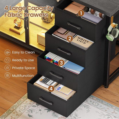 63"X27.6" L Shaped Gaming Desk with 4 Drawers Storage, Grey | Corner Office Desk with LED Lights & Acrylic Cabinet for Home Office, Executive Computer Desk for Bedroom