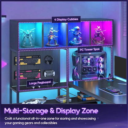 63" L Shaped Gaming Desk with Display Hutch and Large Desktop, Black | LED Lights, Power Outlets, PC Tower Display Shelf, Pegboard, Storage Shelves, Reversible Layout for Gaming and Home Office