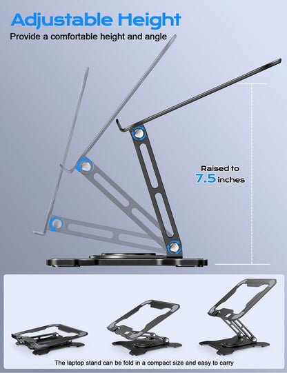 360° Rotating Laptop Stand for Desk, Metal Foldable Laptop Riser Black | Ergonomic Portable Adjustable Laptop Stand, Ventilated Cooling Notebook Holder for Macbook Air Pro, All 10-16'' Laptops