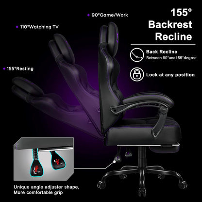 Big and Tall Gaming Chair with Footrest,Ergonomic Video Gaming Chair with Oversized Headrest and Lumbar Support for Adults 400Lb Weight Capacity,Computer Chair for Office or Gaming (Purple)