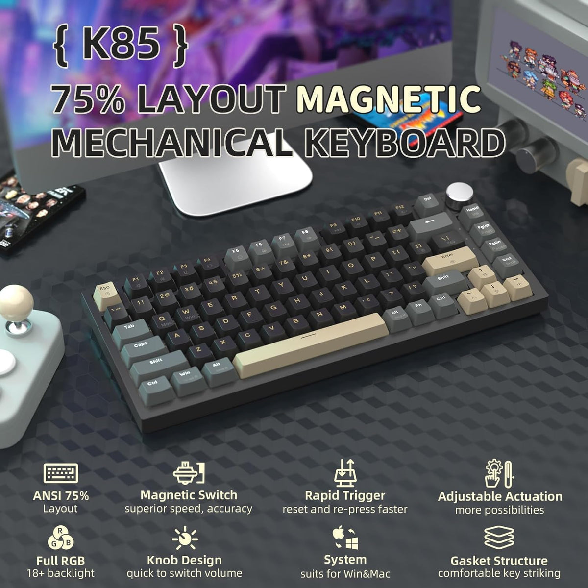 K85 Rapid Trigger 75% Wired Mechanical Gaming Keyboard Gasket with Hot Swapped Adjustable Actuation Magnetic Switch Programmable Knob TKL RGB Backlit PBT Keycaps for Win Mac Gamer(Black)