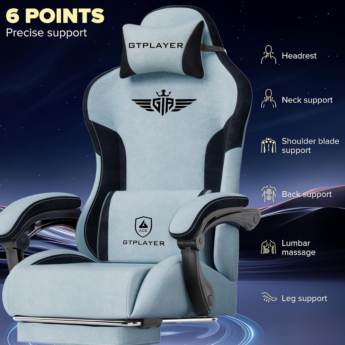 Gaming Chair, Computer Office Chair Lumbar Support, Linkage Armrests and Footrest, Ergonomic Game Chair for Adults with Extended Backrest, Velvet Fabric, Light Blue