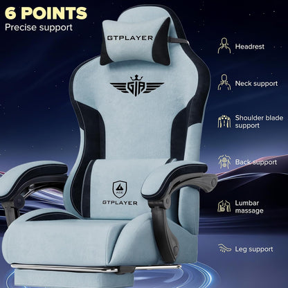 Gaming Chair, Computer Office Chair Lumbar Support, Linkage Armrests and Footrest, Ergonomic Game Chair for Adults with Extended Backrest, Velvet Fabric, Light Blue