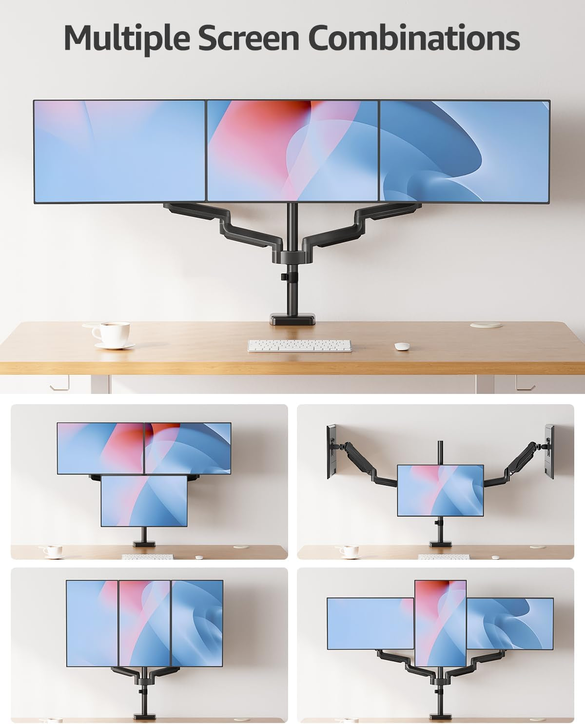 Triple Monitor Stand Mount - 3 Monitors Desk Mount for Computer Screens up to 27 Inch, Triple Monitor Arm, Heavy Duty Monitors Stand, Each Arm Holds 4.4-19.8 Lbs, Black