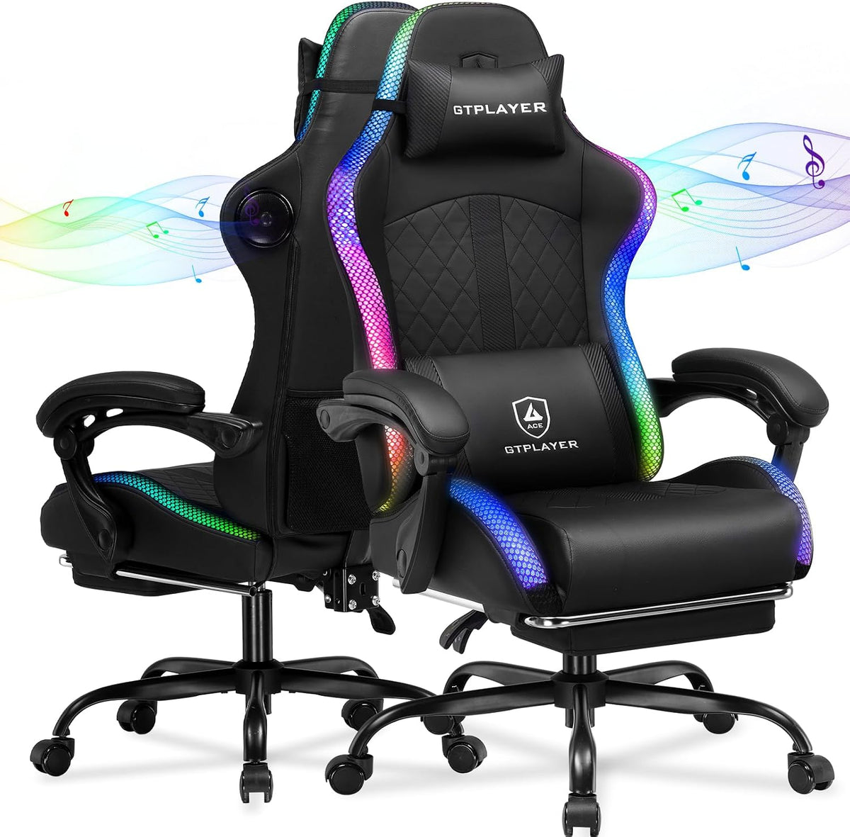 RGB Gaming Chair with Speakers - LED Computer Game Chair for Adults, PC Home Office Chairs with Footrest & Lights, Reclining Desk Chairs, Dark Black