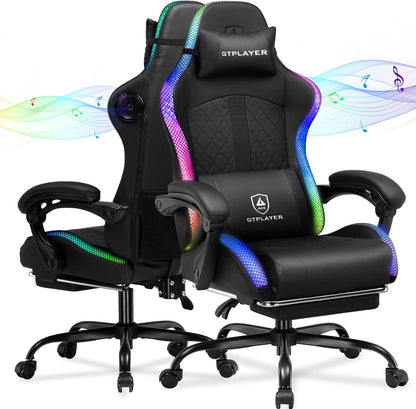 RGB Gaming Chair with Speakers - LED Computer Game Chair for Adults, PC Home Office Chairs with Footrest & Lights, Reclining Desk Chairs, Dark Black