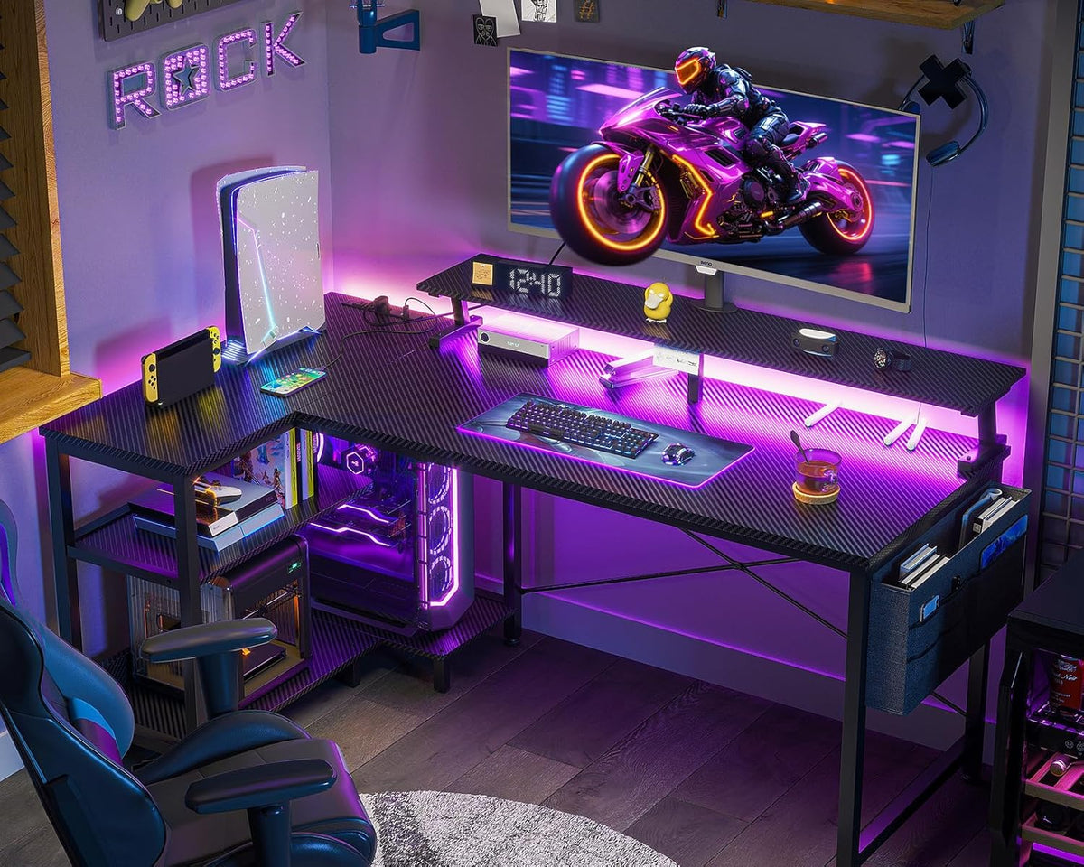 48 Inch L Shaped Gaming Desk with LED Lights, Power Outlets, Black | Adjustable Monitor Stand, Open Storage Shelves, Hanging Side Bag, PC Tower Stand, Reversible Layout for Gaming