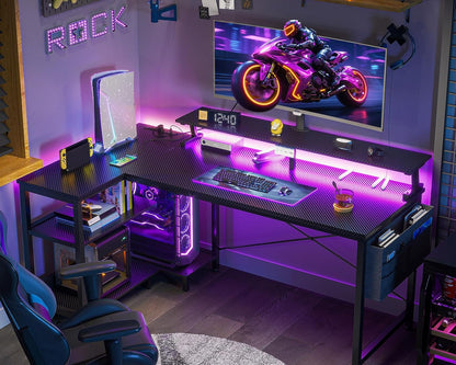 48 Inch L Shaped Gaming Desk with LED Lights, Power Outlets, Black | Adjustable Monitor Stand, Open Storage Shelves, Hanging Side Bag, PC Tower Stand, Reversible Layout for Gaming