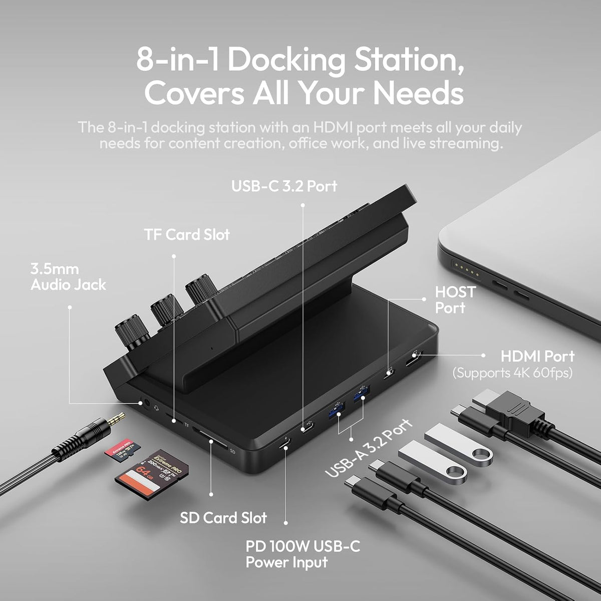 D200X Stream Controller with 3 Knobs, 14 LCD Keys Macro Keyboard | Customizable Key 8-In-1 USB-C Hub Docking Station with 4K HDMI Content Creator Equipment for Obs/Video Editing/Photography/Pc