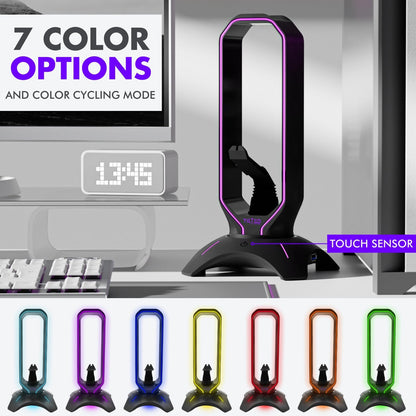 Gaming Headset Stand | RGB Headphone Stand for Desk with Mouse Bungee and USB Hub (Cool and Clean Setup) Gaming Headset Holder - Perfect Gamer Gift Accessory