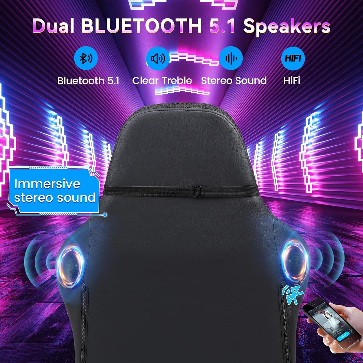 RGB Gaming Chair with Speakers - LED Computer Game Chair for Adults, PC Home Office Chairs with Footrest & Lights, Reclining Desk Chairs, Dark Black