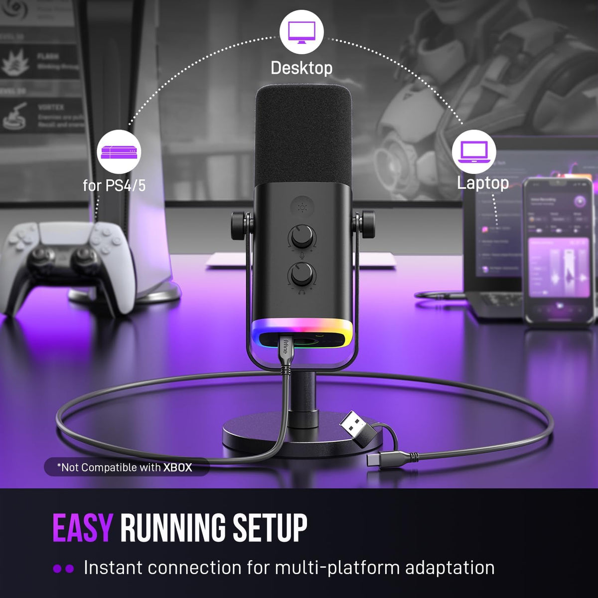 Ampligame AM8 USB/XLR Dynamic Microphone for Gaming Streaming | Podcast Mic with RGB Light, Mute Button, Headphones Jack, Desktop Stand, for Vocal Recording Singing Youtube