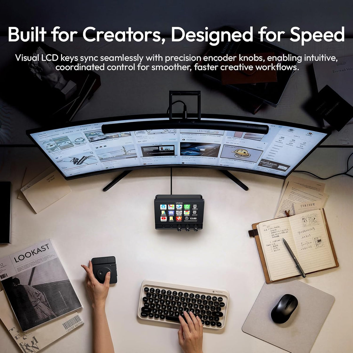 D200X Stream Controller with 3 Knobs, 14 LCD Keys Macro Keyboard | Customizable Key 8-In-1 USB-C Hub Docking Station with 4K HDMI Content Creator Equipment for Obs/Video Editing/Photography/Pc