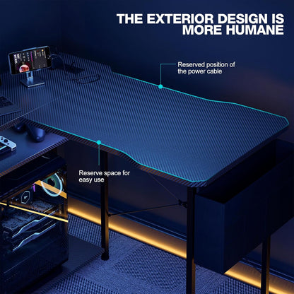 L Shaped Gaming Desk 48 Inch - Computer Corner Desk with Power Outlets, Reversible Shelves & Storage Bag for Home Office, PC Gaming Table, Black Carbon