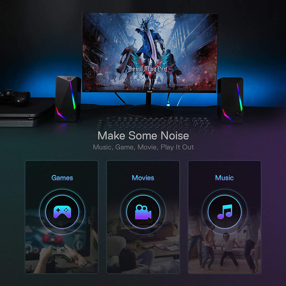 GS510 RGB Wired Desktop Speakers, 2.0 Channel Stereo Sound, Black | 4 Colorful LED Backlight Modes, Enhanced Bass, Easy-Access Volume Control, Plug & Play USB Powered PC Gaming Speaker
