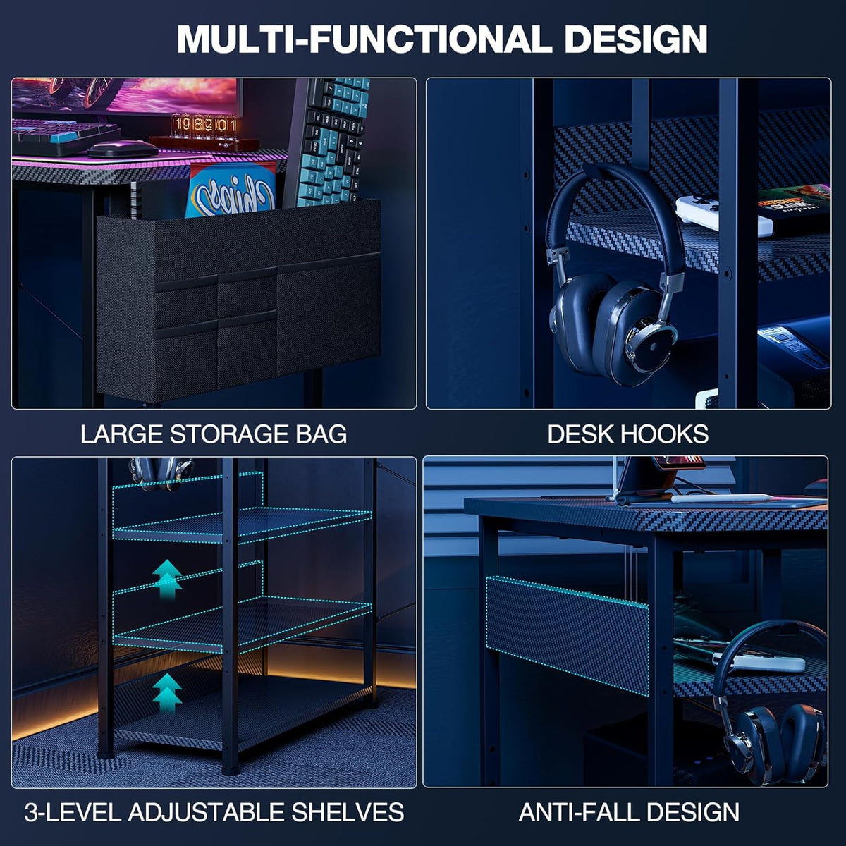 L Shaped Gaming Desk 48 Inch - Computer Corner Desk with Power Outlets, Reversible Shelves & Storage Bag for Home Office, PC Gaming Table, Black Carbon