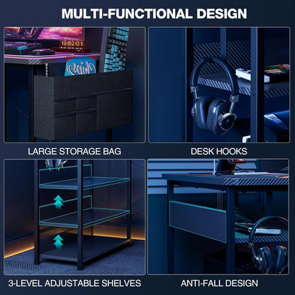 L Shaped Gaming Desk 48 Inch - Computer Corner Desk with Power Outlets, Reversible Shelves & Storage Bag for Home Office, PC Gaming Table, Black Carbon