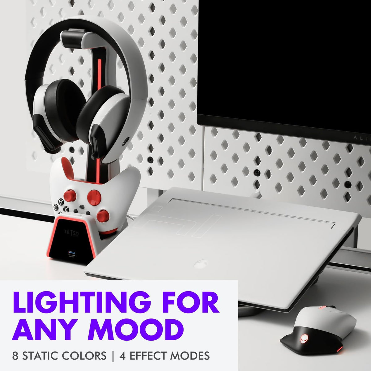 Gaming Headset and Controller Stand | Premium PS5 Accessories (Clean Space with Charging Station) Headphone and Controller Holder for Desk, Playstation 5, Xbox Game,