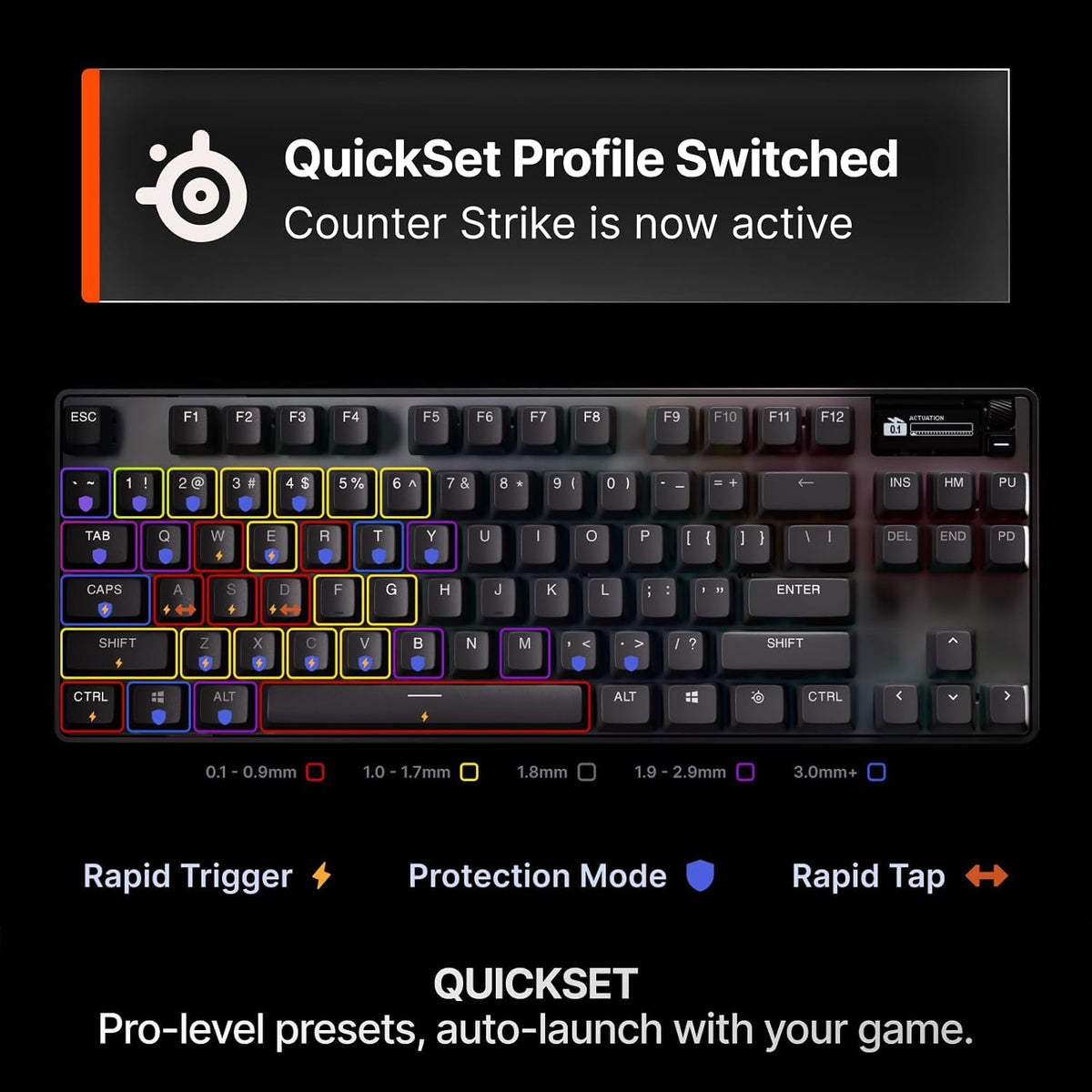 Steelseries Apex Pro TKL Gen 3 Gaming Keyboard - Omnipoint 3.0 Analog Magnetic Switches, Quickset Auto-Presets (Rapid Trigger, Rapid Tap/Socd, Protection Mode), OLED, RGB, PBT Keycaps, USB-C, Black