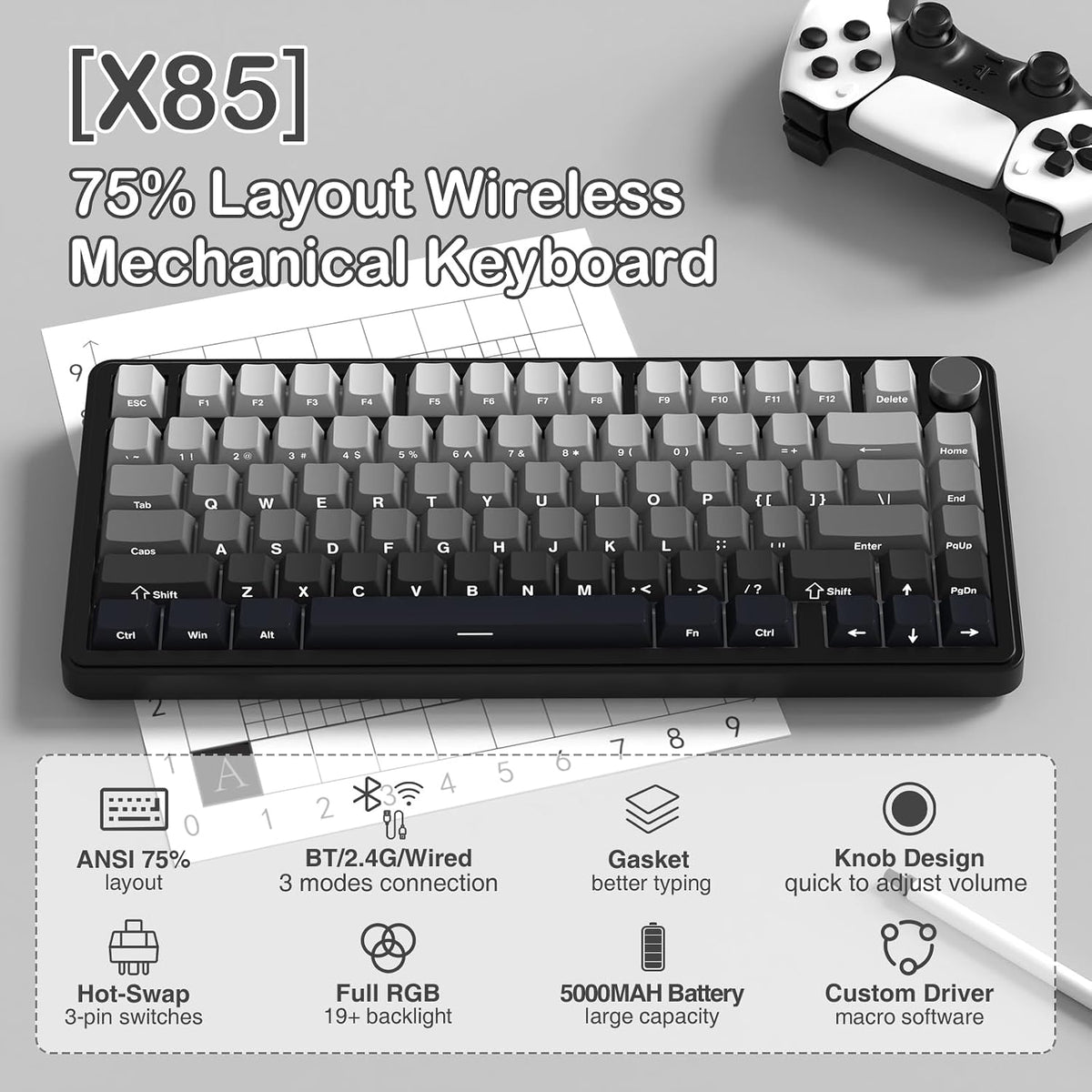 X85 Wireless Mechanical Gaming Keyboard with Knob Hot Swap RGB | Bt/2.4G/Wired, Side-Printed PBT Keycaps, Gasket, Media Knob, Linear White Jade Switch, 75% Creamy with Coiled Cable, Moonlit