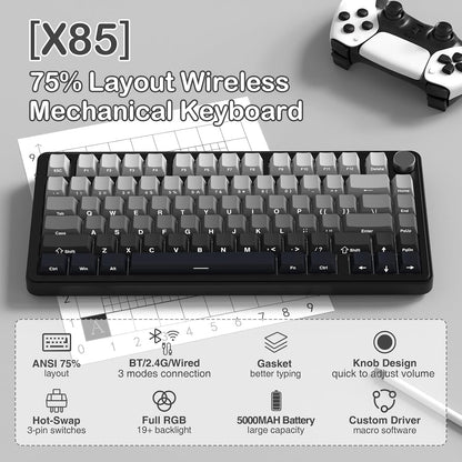 X85 Wireless Mechanical Gaming Keyboard with Knob Hot Swap RGB | Bt/2.4G/Wired, Side-Printed PBT Keycaps, Gasket, Media Knob, Linear White Jade Switch, 75% Creamy with Coiled Cable, Moonlit