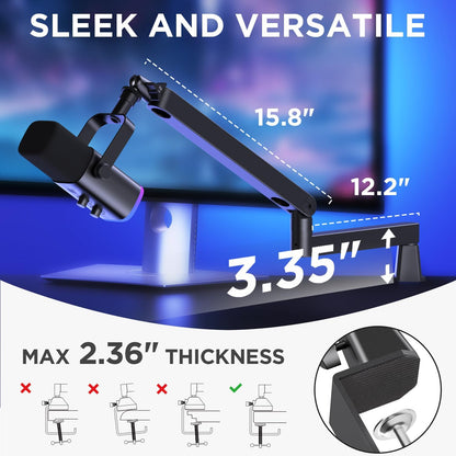 Low Profile Mic Arm Boom Arm Microphone Stand Desk Mount, Black | for Fifine AM8 K669B Elgato Blue Yeti Shure SM58 SM7B, 3.3Lb Weight Capacity, Vibration Resistant, Adjustable Angle