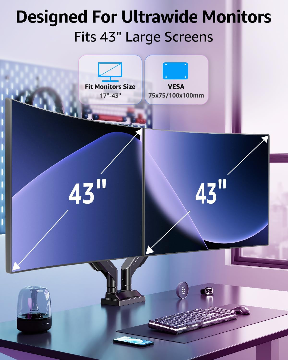Dual Monitor Stand for Max 43 Inch Screens, Ultrawide Monitor Arm Height Adjustable, Heavy Duty Dual Monitor Mount, Full Motion Premium Monitors Arm, Holds 2.2 to 33 Lbs, VESA Desk Mount