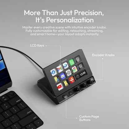 D200X Stream Controller with 3 Knobs, 14 LCD Keys Macro Keyboard | Customizable Key 8-In-1 USB-C Hub Docking Station with 4K HDMI Content Creator Equipment for Obs/Video Editing/Photography/Pc