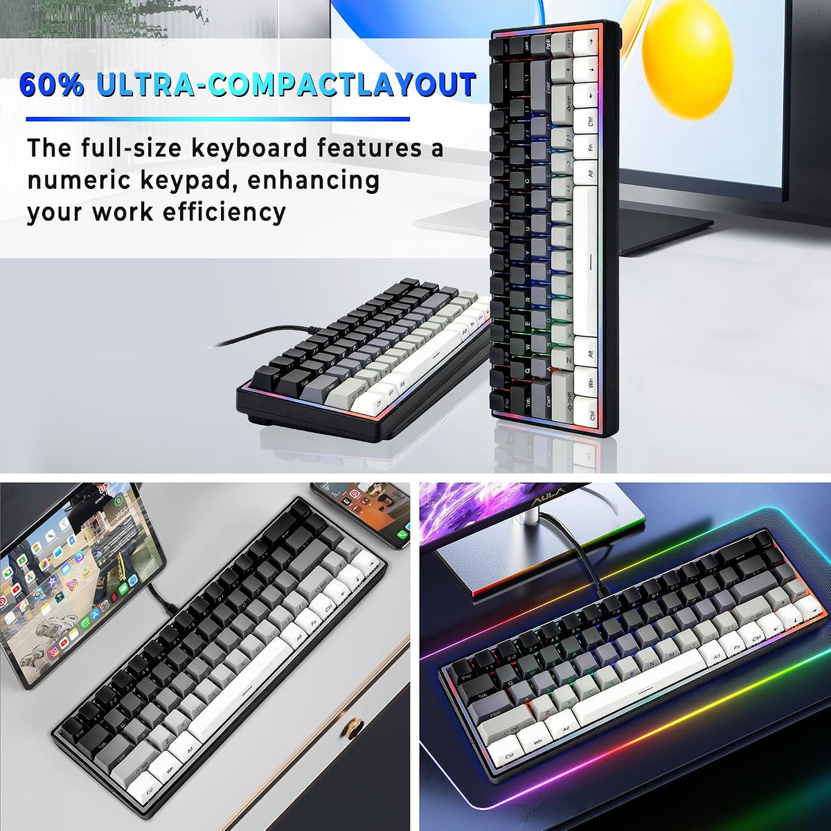 65% Gaming Keyboard, LED Backlit Mini Wired Keyboard, Ultra-Compact Anti-Ghosting No-Conflict 68 Keys Membrane Gaming Wired Keyboard for PC Laptop Windows Gamer(Gray-White)