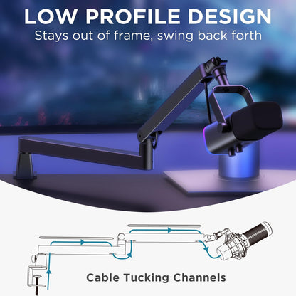 Low Profile Mic Arm Boom Arm Microphone Stand Desk Mount, Black | for Fifine AM8 K669B Elgato Blue Yeti Shure SM58 SM7B, 3.3Lb Weight Capacity, Vibration Resistant, Adjustable Angle