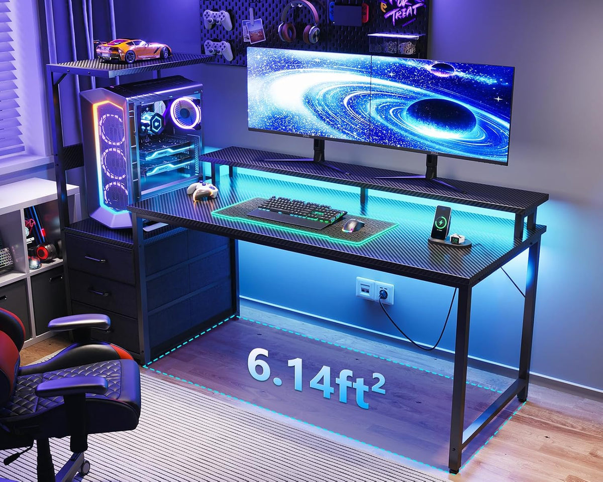 Gaming Desk W/Pc Showcase Stand, 59" Reversible, RGB LED, Black | Elevated Stand Fits Lian Li O11, Hyte Y60. Triple Drawers Hide Cables, Controllers, Clutter