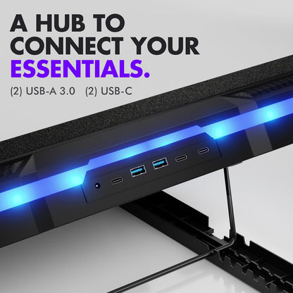Gaming Laptop Cooling Pad with USB Hub - Boost Performance, Stay Comfortable - RGB Laptop Cooler Stand with Adjustable Height & Fan Speed, RGB, USB (C + A) Hub, for 15.6" - 19" Laptops