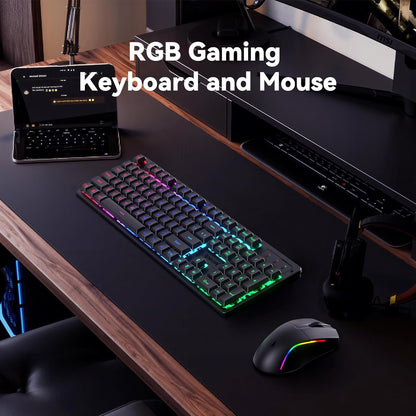 S107KS Wireless Gaming Keyboard and Mouse, RGB Backlit, 3 Mode (Wired/2.4G/Bt), up to 10,000 DPI Gaming Mouse with Software, Ultra Lightweight 65G, 25 Key Anti-Ghosting Keyboard for PC