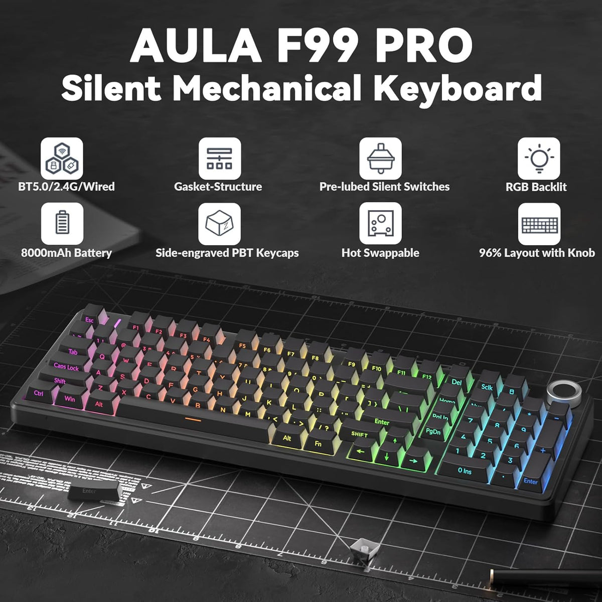 F99 Pro Wireless Mechanical Keyboard-Silent Version,Bt5.0/2.4Ghz/Usb-C Hot Swappable Custom Keyboard,Gasket Structure,Pre-Lubed Linear Switches RGB Backlit Computer Gaming Keyboards,Black