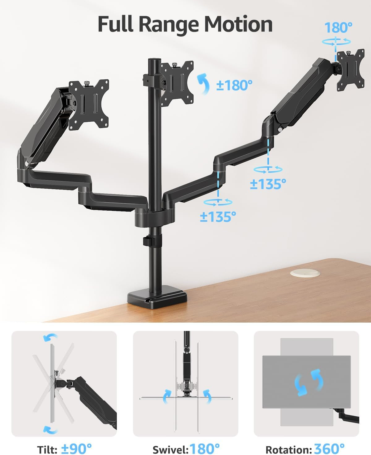 Triple Monitor Stand Mount - 3 Monitors Desk Mount for Computer Screens up to 27 Inch, Triple Monitor Arm, Heavy Duty Monitors Stand, Each Arm Holds 4.4-19.8 Lbs, Black