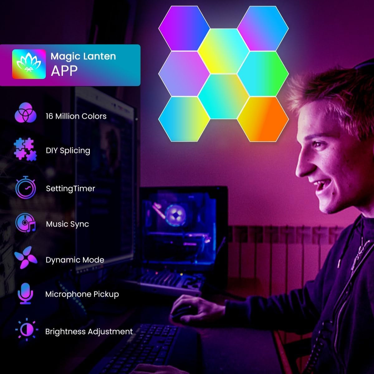 8 Pack Hexagon Lights LED Wall Panels, RGB Color Gaming Light Decoration with App/Music Sync & Remote, Boys DIY Smart Modular Hexagonal Honeycomb Bedroom Glide Hex Tiles Panel
