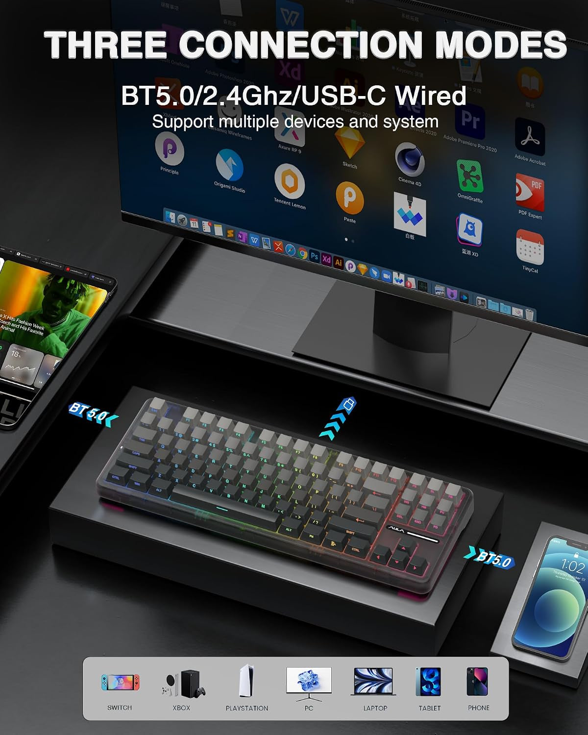 F87 Pro Wireless Mechanical Keyboard,Tri-Mode Bt5.0/2.4Ghz/Usb-C Hot Swappable Custom Keyboard,Pre-Lubed Switches,Side Printed PBT Keycaps,75% TKL RGB Backlit Gaming Keyboards
